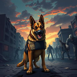 A cinematic illustration of a heroic police dog, a strong and agile German Shepherd, standing bravely in a desolate urban landscape