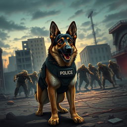 A cinematic illustration of a heroic police dog, a strong and agile German Shepherd, standing bravely in a desolate urban landscape