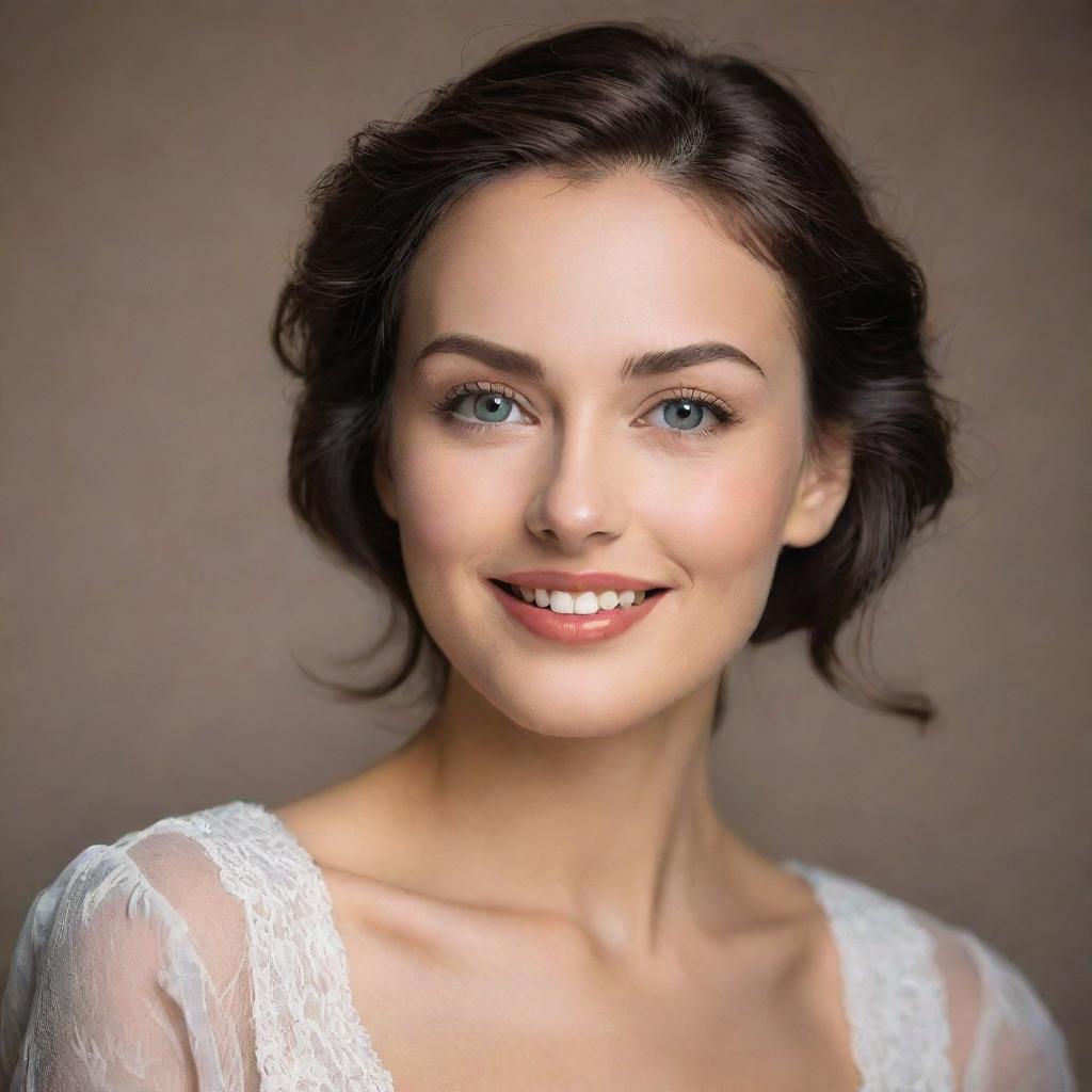 Generate an image of a woman epitomizing beauty, with radiant features, expressive eyes, a spontaneous smile, and graceful posture. She should be clothed in elegant attire, exuding warmth and modesty.