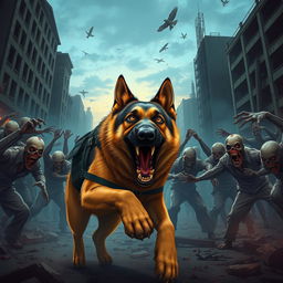 A cinematic illustration of a brave police dog, a powerful German Shepherd, lunging fiercely at a horde of menacing zombies in a chaotic urban setting