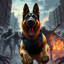 A cinematic illustration of a brave police dog, a powerful German Shepherd, lunging fiercely at a horde of menacing zombies in a chaotic urban setting