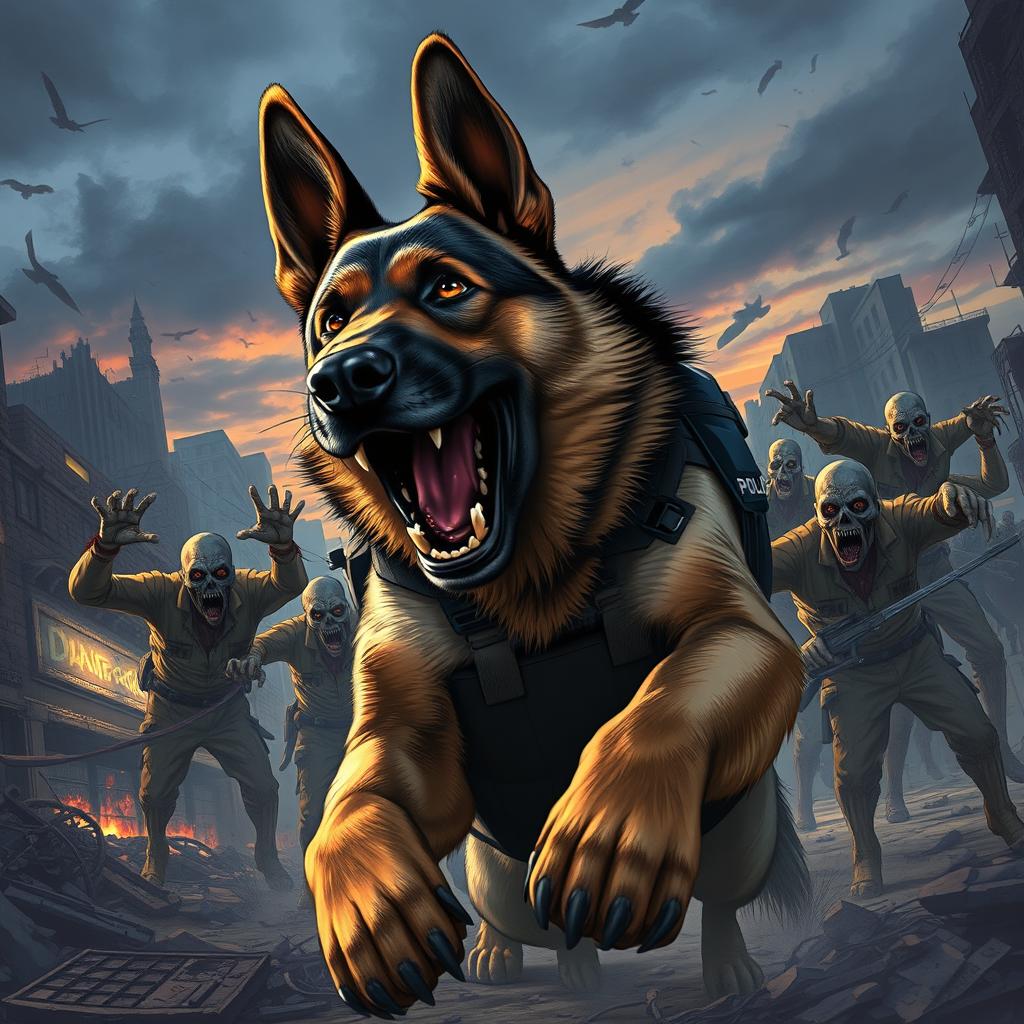 A cinematic illustration of a brave police dog, a powerful German Shepherd, lunging fiercely at a horde of menacing zombies in a chaotic urban setting