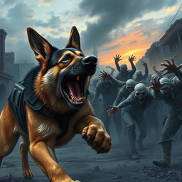 A cinematic illustration of a brave police dog, a powerful German Shepherd, lunging fiercely at a horde of menacing zombies in a chaotic urban setting