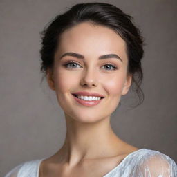 Generate an image of a woman epitomizing beauty, with radiant features, expressive eyes, a spontaneous smile, and graceful posture. She should be clothed in elegant attire, exuding warmth and modesty.