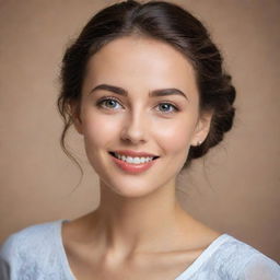 Generate an image of a woman epitomizing beauty, with radiant features, expressive eyes, a spontaneous smile, and graceful posture. She should be clothed in elegant attire, exuding warmth and modesty.