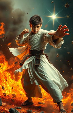 A young figure, dressed in faded white priestly robes, striking a confident fighting pose amidst a dramatic scene