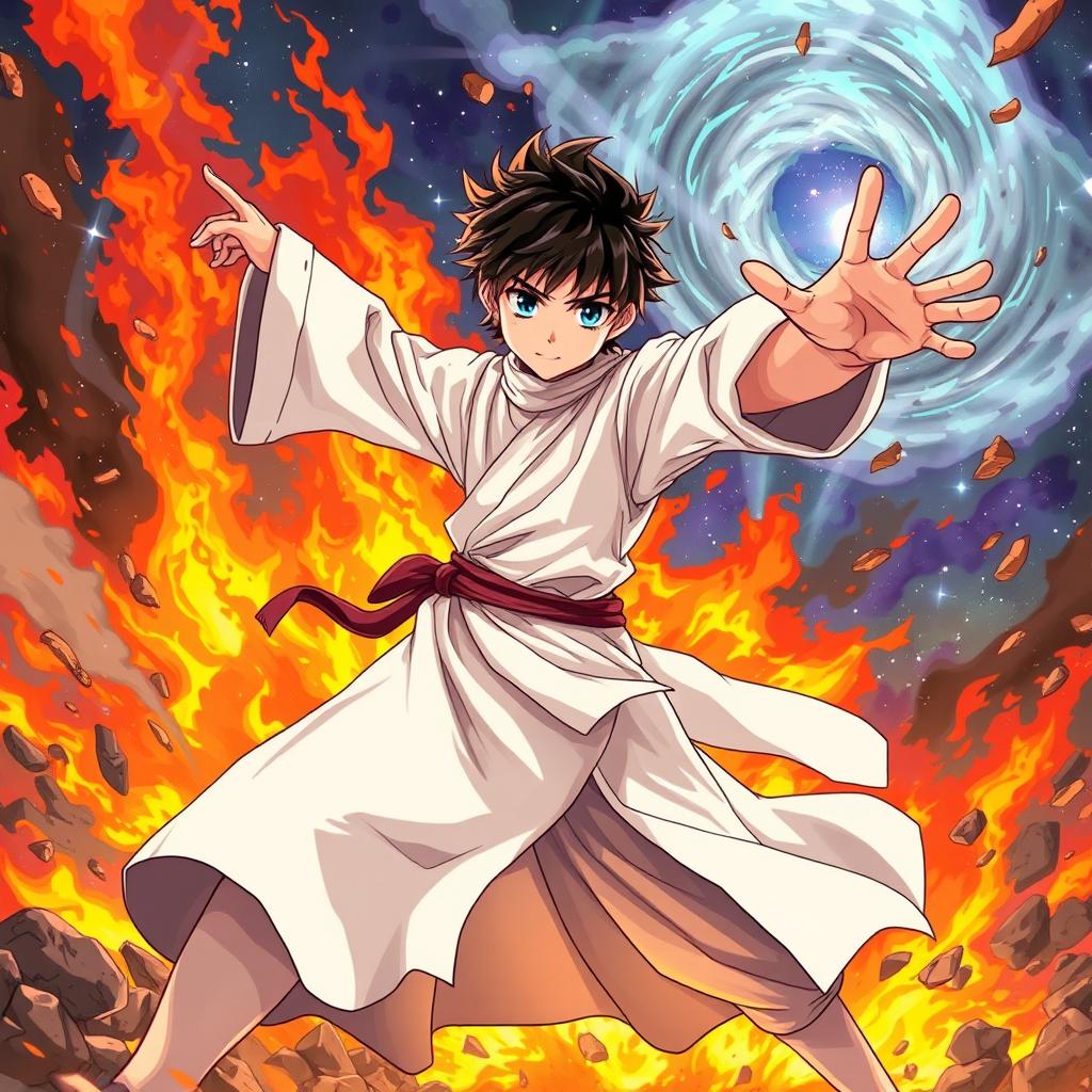 An anime-style illustration featuring a young figure, dressed in faded white priestly robes, striking a dynamic fighting pose