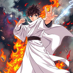 An anime-style illustration featuring a young figure, dressed in faded white priestly robes, striking a dynamic fighting pose