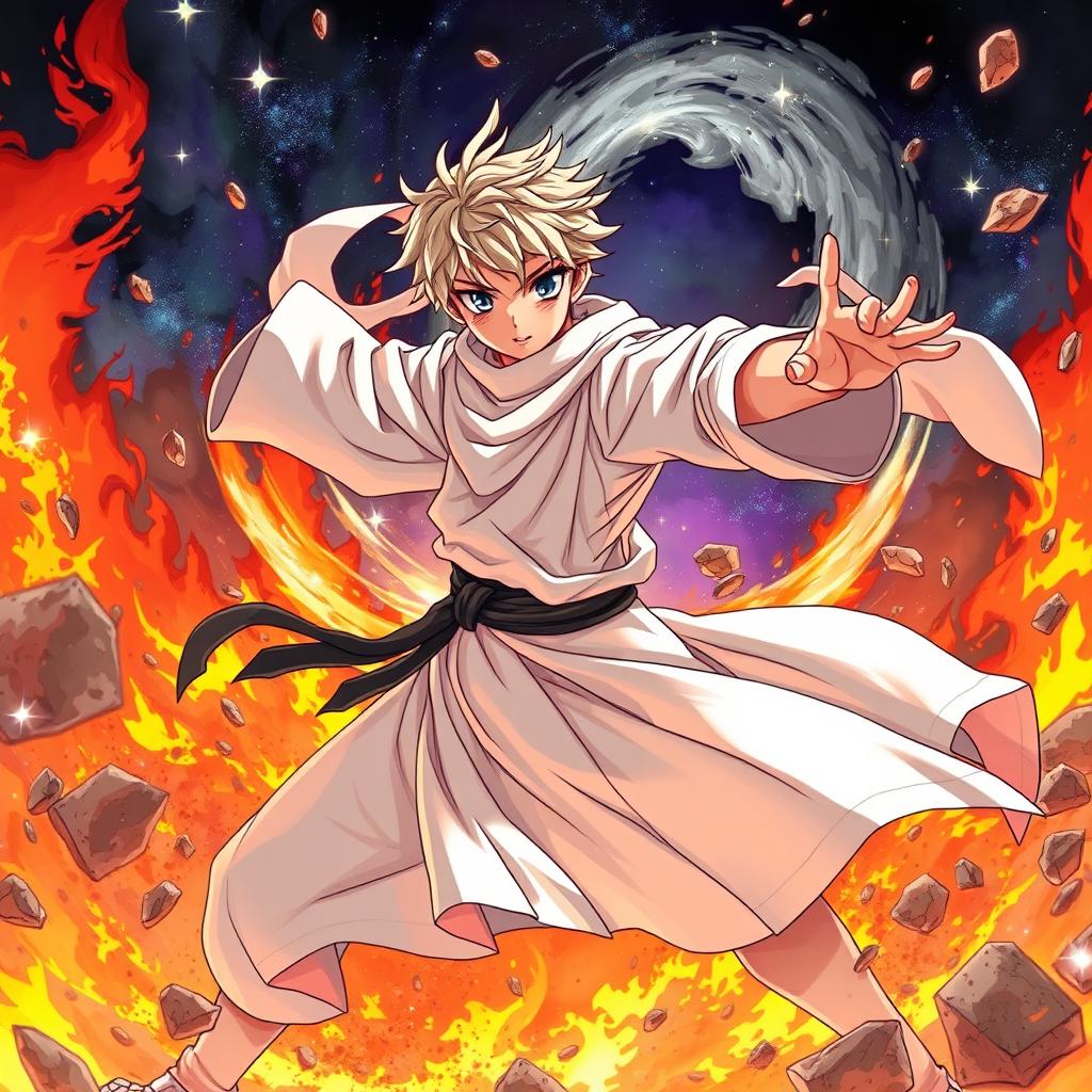 An anime-style illustration featuring a young figure, dressed in faded white priestly robes, striking a dynamic fighting pose