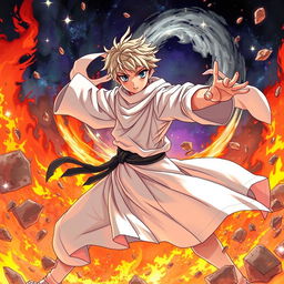 An anime-style illustration featuring a young figure, dressed in faded white priestly robes, striking a dynamic fighting pose