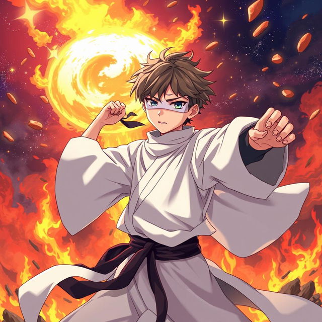 An anime-style illustration of a young, blind-looking character dressed in faded white priestly robes, confidently striking a dynamic fighting pose