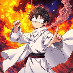 An anime-style illustration of a young, blind-looking character dressed in faded white priestly robes, confidently striking a dynamic fighting pose