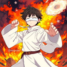 An anime-style illustration of a young, blind-looking character dressed in faded white priestly robes, confidently striking a dynamic fighting pose