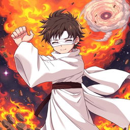 An anime-style illustration of a young, blind-looking character dressed in faded white priestly robes, confidently striking a dynamic fighting pose