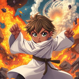 An anime-style illustration of a brown-skinned child with striking white eyes, adorned in faded white priestly robes, confidently striking a dynamic fighting pose