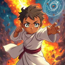 An anime-style illustration of a brown-skinned child with striking white eyes, adorned in faded white priestly robes, confidently striking a dynamic fighting pose