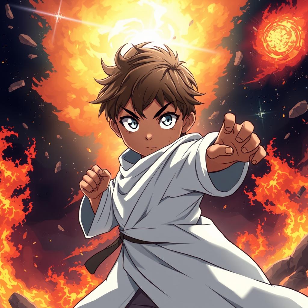 An anime-style illustration of a brown-skinned child with striking white eyes, adorned in faded white priestly robes, confidently striking a dynamic fighting pose