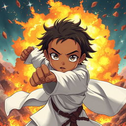 An anime-style illustration of a brown-skinned child with striking white eyes, adorned in faded white priestly robes, confidently striking a dynamic fighting pose