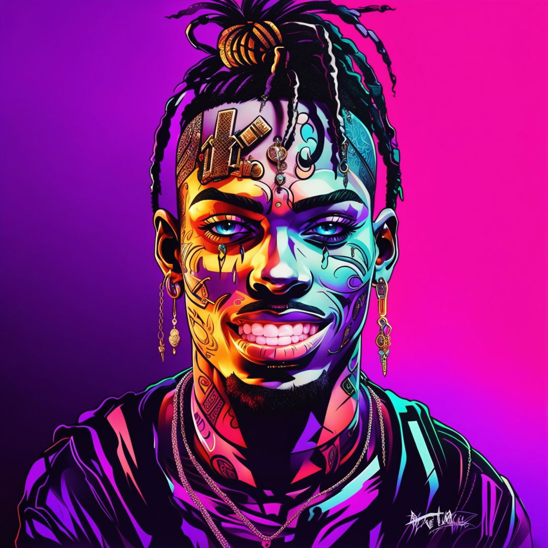 Digital art album cover featuring a Soundcloud rapper with intricate face tattoos and diamond-studded gold grills against a neon gradient background.