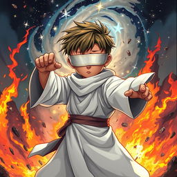 An anime-style illustration of a blind, brown-skinned child dressed in old-looking white priestly robes, confidently striking a dynamic fighting pose