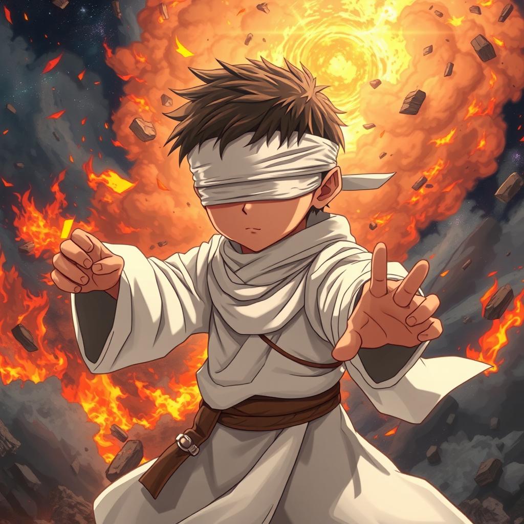 An anime-style illustration of a blind, brown-skinned child dressed in old-looking white priestly robes, confidently striking a dynamic fighting pose