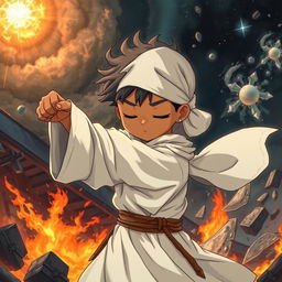 An anime-style illustration of a blind, brown-skinned child dressed in old-looking white priestly robes, confidently striking a dynamic fighting pose