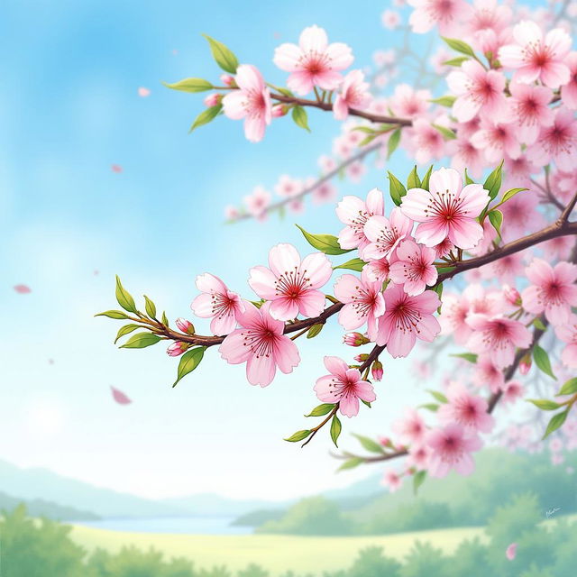 A beautiful watercolor painting of a cherry blossom tree in full bloom, showcasing delicate pink and white flowers against a clear blue sky