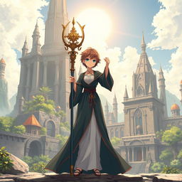 An anime-style illustration of a small woman clad in elegant, witch-like robes, gracefully holding a beautifully designed staff adorned with mystical symbols