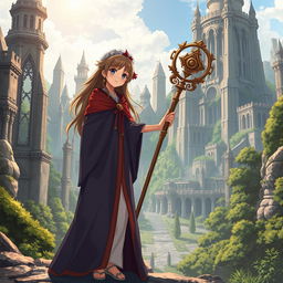 An anime-style illustration of a small woman clad in elegant, witch-like robes, gracefully holding a beautifully designed staff adorned with mystical symbols