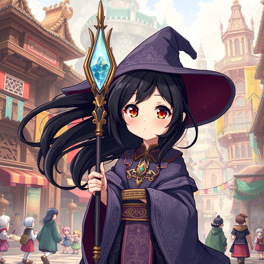 An anime-style illustration of a small woman with flowing black hair, elegantly dressed in witch-like robes adorned with intricate patterns