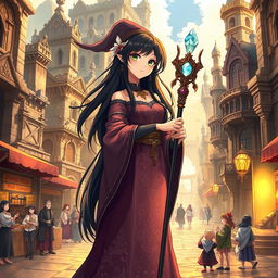 An anime-style illustration of a woman with long, flowing black hair, dressed in enchanting witch-like robes that are elegantly detailed with mystical patterns