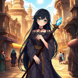 An anime-style illustration of a woman with long, flowing black hair, dressed in enchanting witch-like robes that are elegantly detailed with mystical patterns