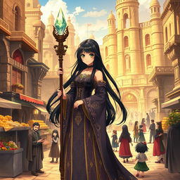 An anime-style illustration of a woman with long, flowing black hair, dressed in enchanting witch-like robes that are elegantly detailed with mystical patterns