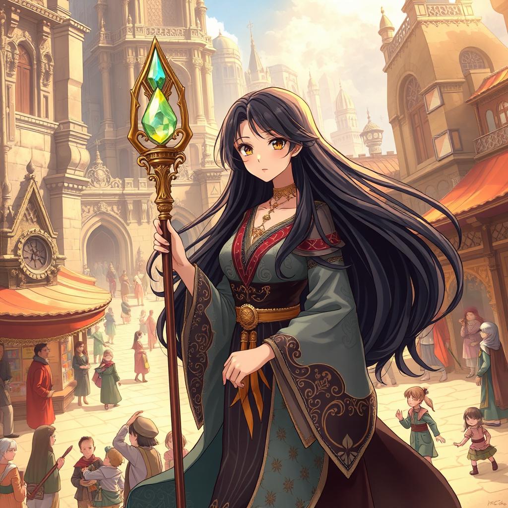 An anime-style illustration of a woman with long, flowing black hair, dressed in enchanting witch-like robes that are elegantly detailed with mystical patterns