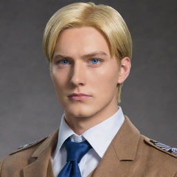 Erwin Smith from Attack on Titan, standing with his characteristic strong and determined posture. He’s in his Survey Corps uniform with his signature white cravat, his blonde hair neatly combed back, and a thoughtful look in his blue eyes.