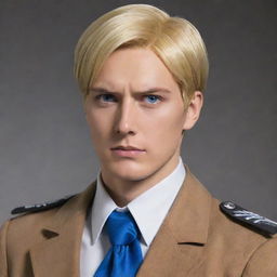 Erwin Smith from Attack on Titan, standing with his characteristic strong and determined posture. He’s in his Survey Corps uniform with his signature white cravat, his blonde hair neatly combed back, and a thoughtful look in his blue eyes.