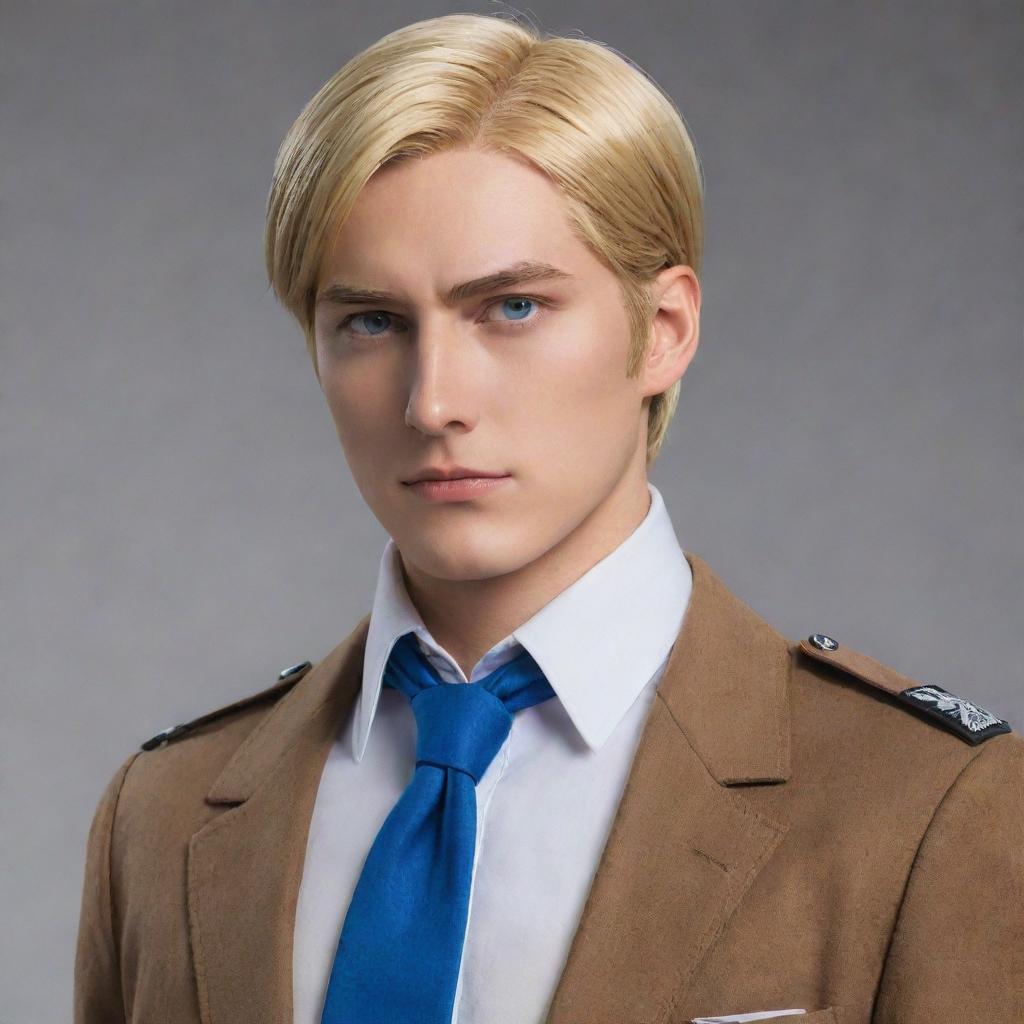 Erwin Smith from Attack on Titan, standing with his characteristic strong and determined posture. He’s in his Survey Corps uniform with his signature white cravat, his blonde hair neatly combed back, and a thoughtful look in his blue eyes.