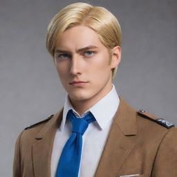 Erwin Smith from Attack on Titan, standing with his characteristic strong and determined posture. He’s in his Survey Corps uniform with his signature white cravat, his blonde hair neatly combed back, and a thoughtful look in his blue eyes.