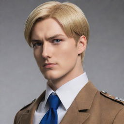 Erwin Smith from Attack on Titan, standing with his characteristic strong and determined posture. He’s in his Survey Corps uniform with his signature white cravat, his blonde hair neatly combed back, and a thoughtful look in his blue eyes.