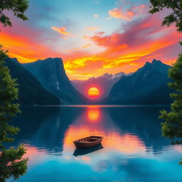 A serene landscape depicting a stunning sunset over a tranquil lake surrounded by majestic mountains