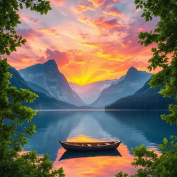 A serene landscape depicting a stunning sunset over a tranquil lake surrounded by majestic mountains