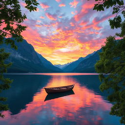 A serene landscape depicting a stunning sunset over a tranquil lake surrounded by majestic mountains