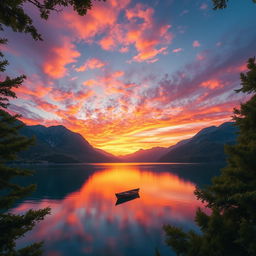 A serene landscape depicting a stunning sunset over a tranquil lake surrounded by majestic mountains