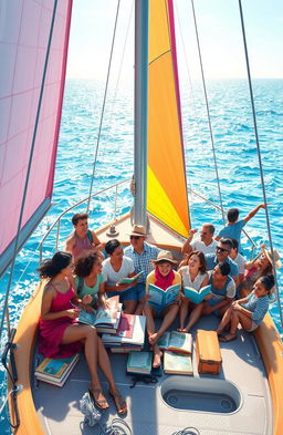 A serene seascape scene depicting a group of diverse individuals of various ages and backgrounds joyfully starting their sailing journey