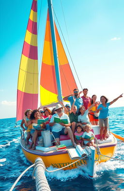 A serene seascape scene depicting a group of diverse individuals of various ages and backgrounds joyfully starting their sailing journey