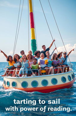 A serene seascape scene depicting a group of diverse individuals of various ages and backgrounds joyfully starting their sailing journey