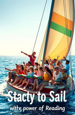 A serene seascape scene depicting a group of diverse individuals of various ages and backgrounds joyfully starting their sailing journey