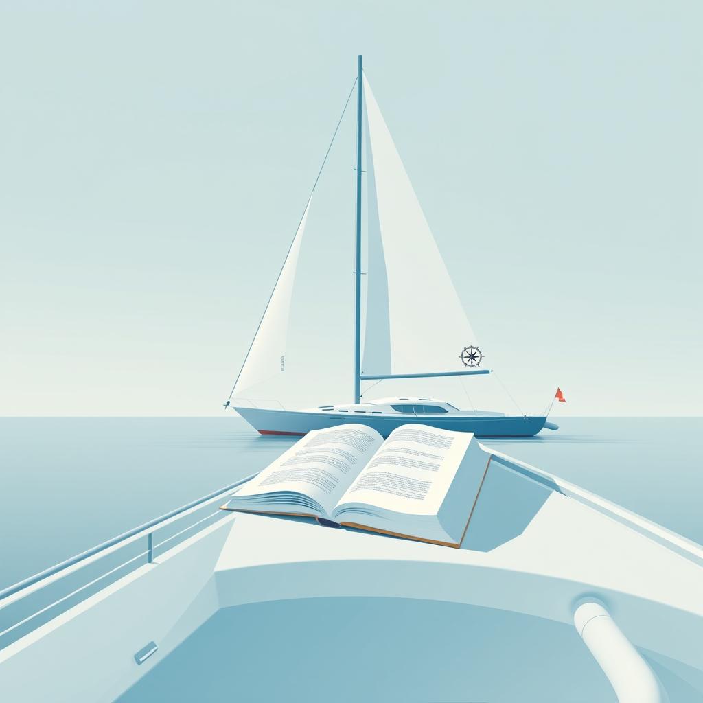 A minimalist design featuring a serene sailing scene combined with the theme of reading