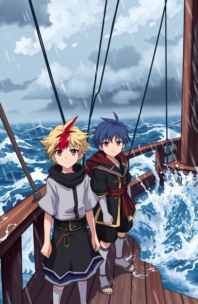 A blonde boy with a red streak in his hair, resembling Kaedehara Kazuha from Genshin Impact, stands next to a boy with short blue hair, similar to Scaramouche from Genshin Impact