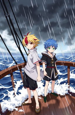 A blonde boy with a red streak in his hair, resembling Kaedehara Kazuha from Genshin Impact, stands next to a boy with short blue hair, similar to Scaramouche from Genshin Impact